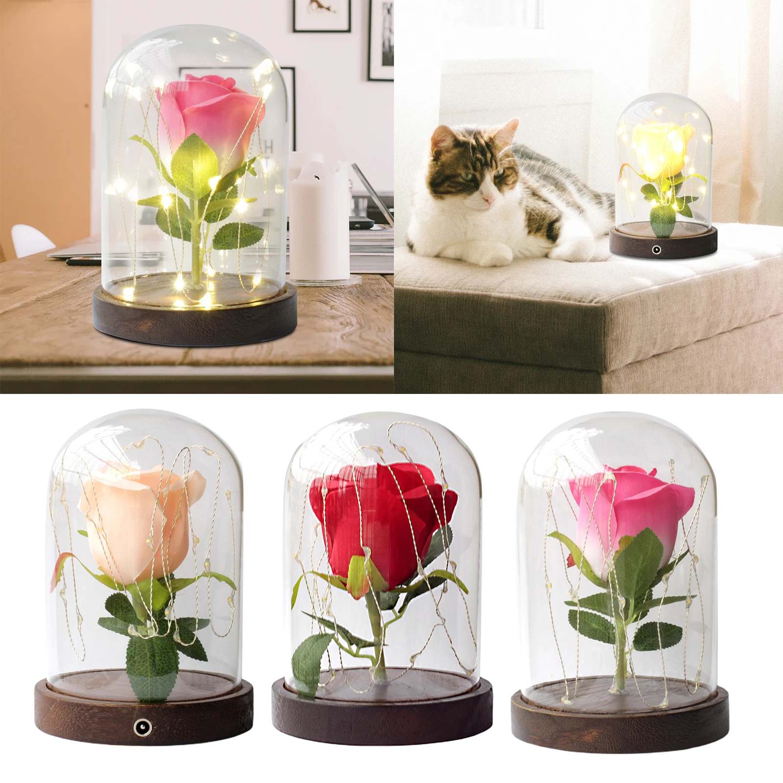 

Preserved Rose Flower in Glass LED Lights Shinging Beautiful Flower Tabletop Home Decor