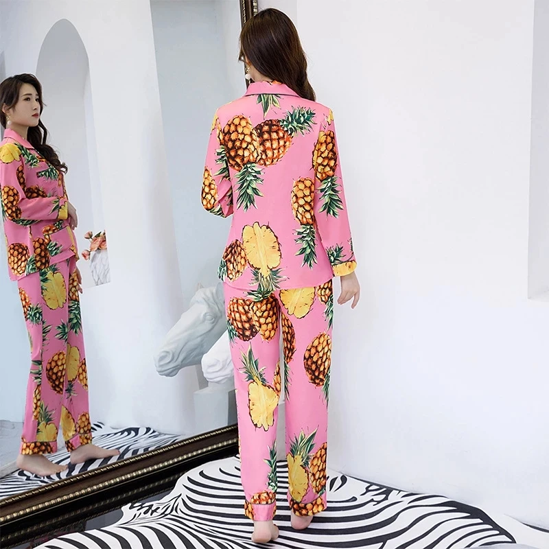 Autumn Women's Satin Pajama Sets Printing Long Sleeve Female Sleepwear Turn Down Collar Loose Silk Women Homewear Pajamas 2023