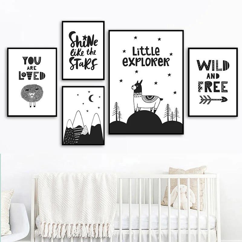 

Minimalist Black White Art Canvas Painting Poster Cartoon Lion Cat Girl Prints Nursery Home Decor Wall For Baby Bedroom