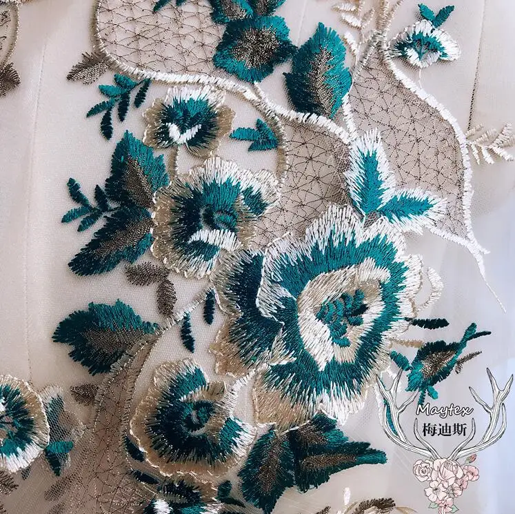 1 Piece Very High Quality Lace Fabric Green Gold Leaf Floral Embroidered Lace Applique DIY Wedding Dress Accessories Handmade