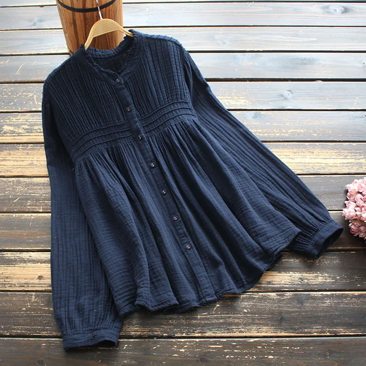 

8933New women's spring clothing shirt artistic commuter loose long sleeve stand collar pleated mid-length cotton yarn shirt