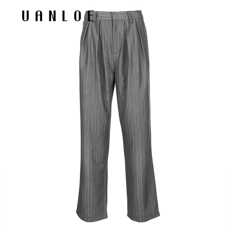 

UANLOEStriped Print Streetwear Loose Pants Women Fashion High Waisted Button Fly Straight Trousers Work Office Lady Suit Pants