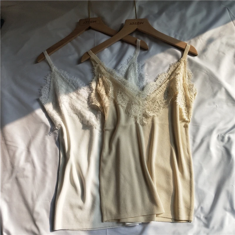 

2021 New Women's Summer Clothes Knit Lace Halter Tops Tank Camis V Neck Solid Color Fashion Women Clothing Y2k Top
