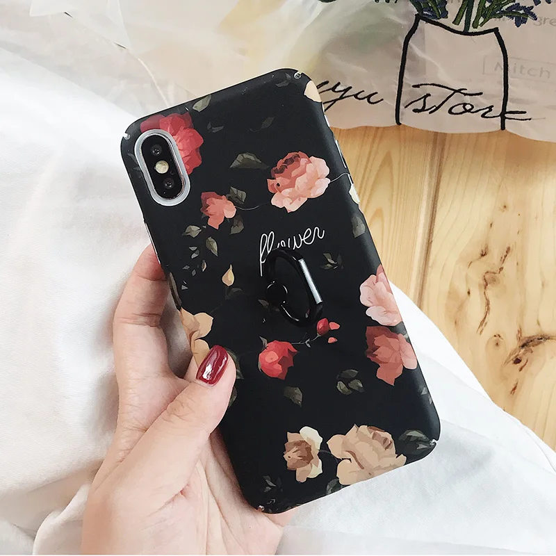 IK68-OHuaXiao SoCouple чехол с кольцом для iphone X 11 Pro Max чехол для iphone XR Xs max 7 8 6 6s plus растительный лист узор накладка держатель для телефона - Цвет: IK68-OHuaXiao