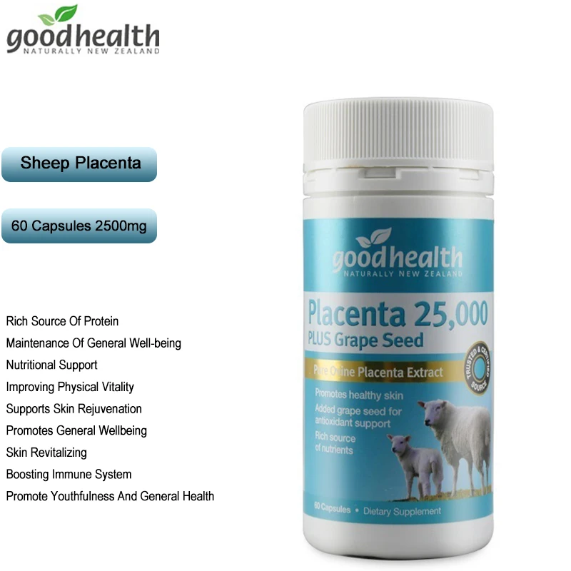 

Good Health Sheep Placenta 25000mg Grape Seed 60Caps Women Health Supplement Protein Amino Acids Wellbeing Improve Skin Vitality
