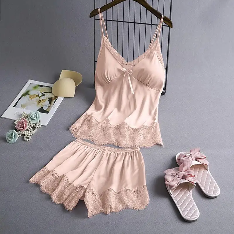 

Sexy Satin Lace Women's Pajama Set Sleeveless Faux Silk Lingerie Set Sleepwear Two Piece Set Home Wear Nightwear Pijama Mujer