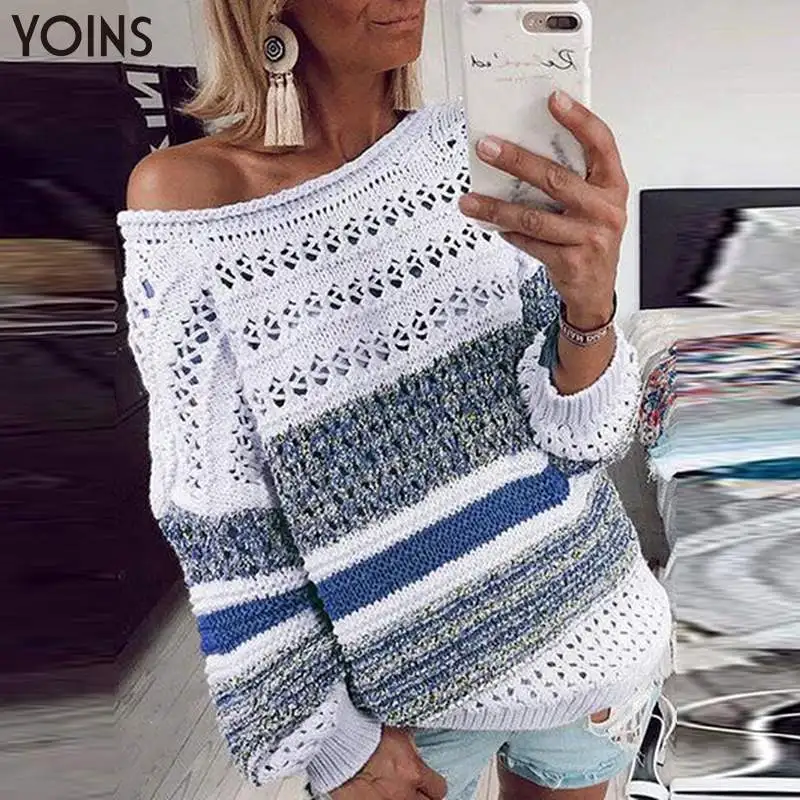 

Autumn Winter Sweaters 2021 YOINS Women Stripe Round Neck Long Sleeves Splice Sweaters Casual Loose Party Sweaters