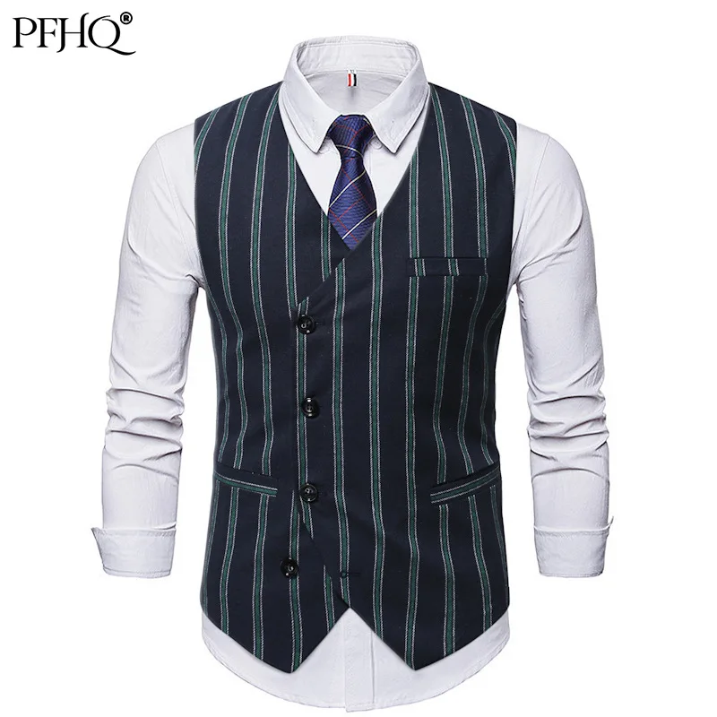 

PFHQ 2021 New Men's Fashion Korean Version Trend Striped Casual Denim Decoration Single breasted Suit Vest Spring Autumn 21D1767