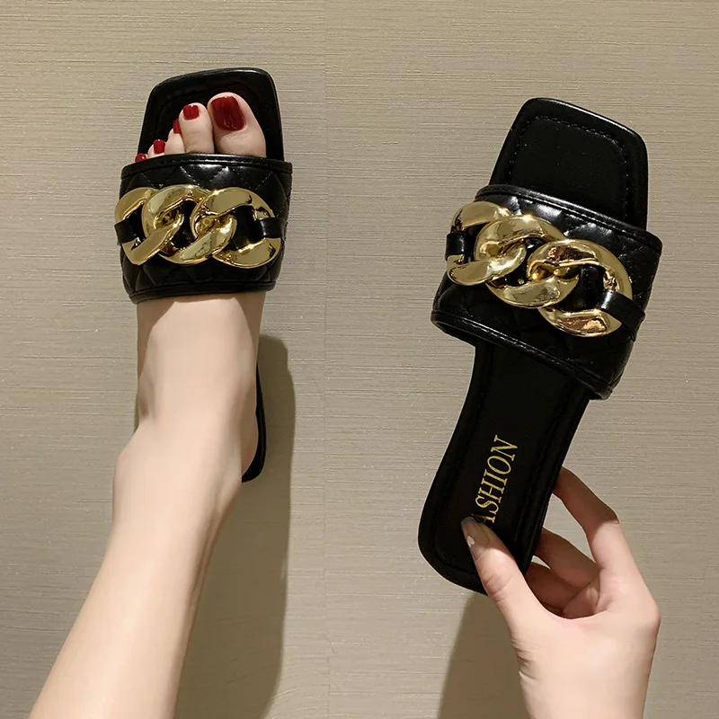 

Square Toe Slippers Soft Shoes Woman 2021 Pantofle Luxury Slides Comfort New Flat Designer Rome Basic PU Shoes Women Slippers C