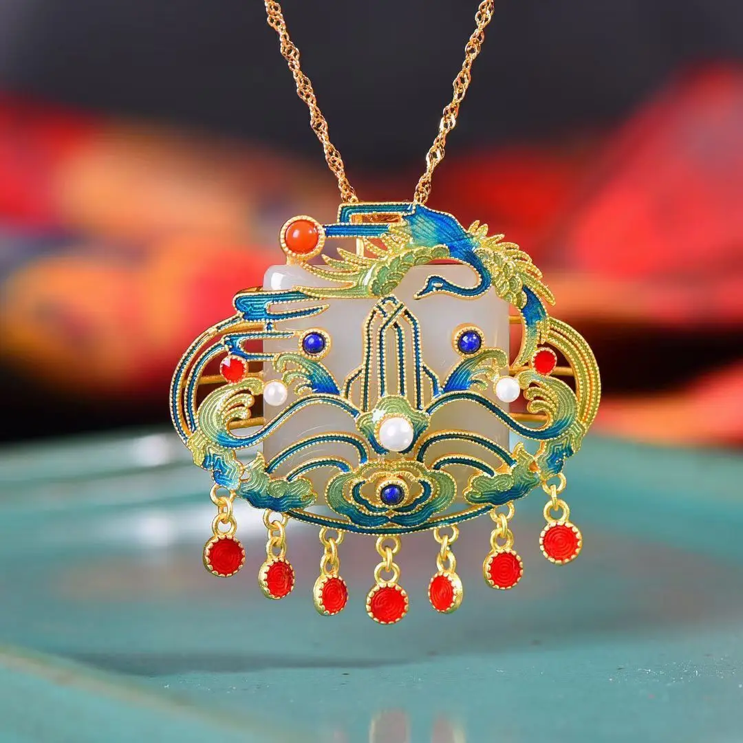 

New 925 Silver Fashion Retro Style Square Temperament Gold-plated Necklace Imitated Khotan Jade Pendant Enamel Jewelry For Women