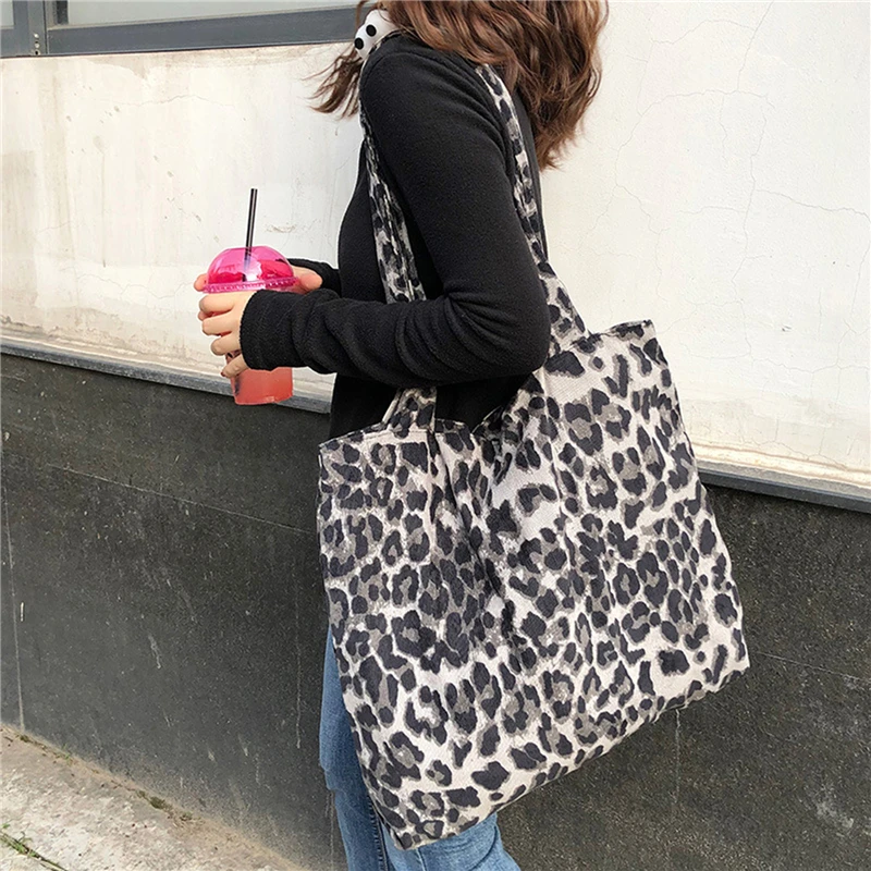 

Women Corduroy Handbag Fashion Leopard Print Ladies Large Capacity Casual Tote Female Shoulder Bag Portable Shopping Bag