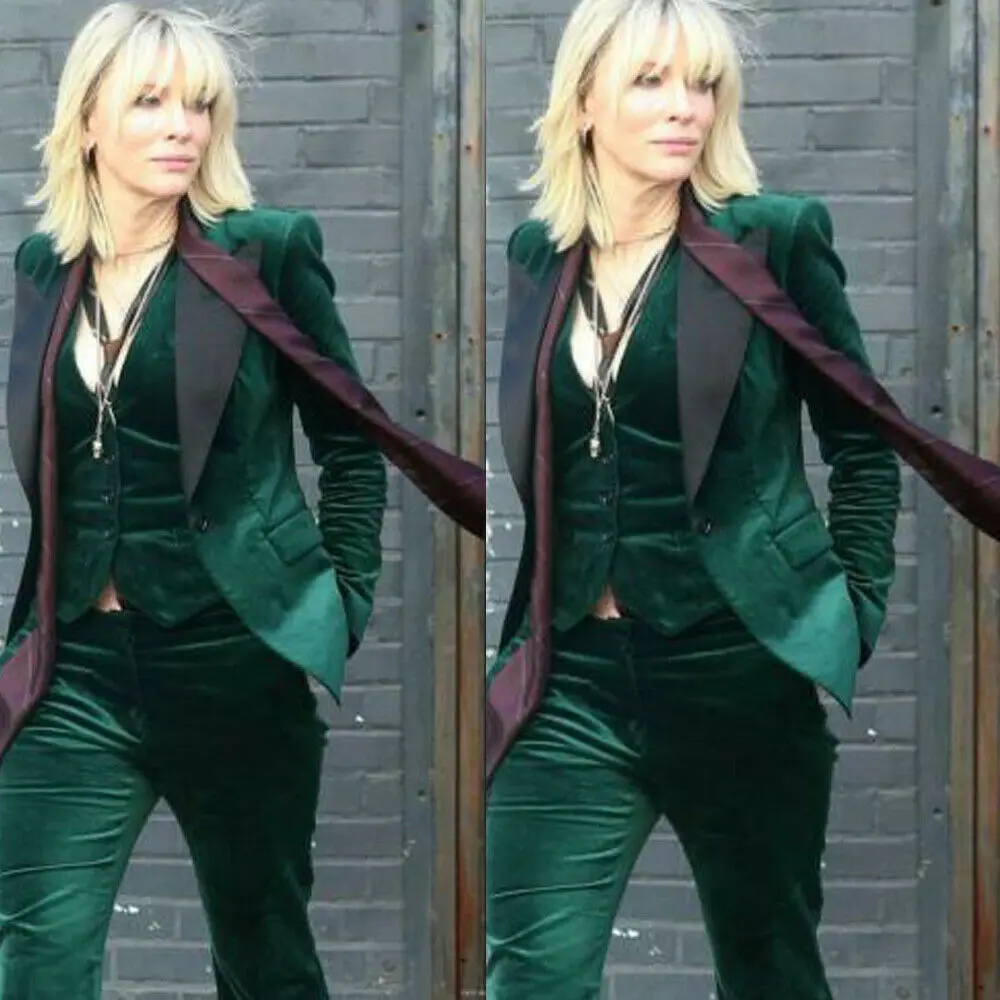 

Velvet Women Green 3 Pieces Suit Business Office Work Suit Ladies Proms Tuxedos Customized top + pants + vest