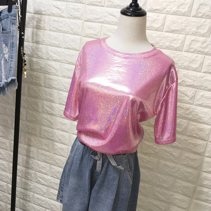 Женская Блестящая футболка с коротким рукавом стильная яркая шелковая в ретро