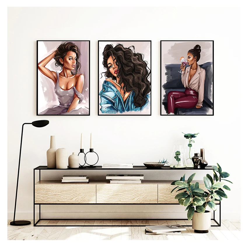 Картина на холсте "Губы, вино и модная девушка с сигаретой" в стиле Nordic для декора гостиной.