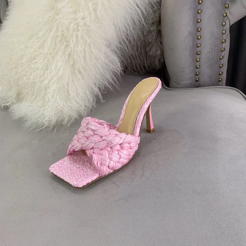 

Woven square open toe high heel slippers for women