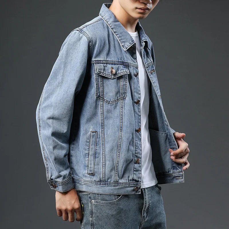 

Куртка мужская джинсовая однобортная, повседневная однотонная, с лацканами, из 2021 хлопка, приталенный силуэт, качественная, осень