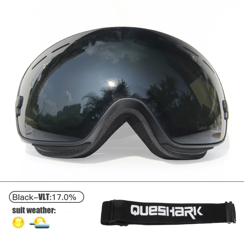 Black Queshark лыжные очки двухслойные UV400 Анти-туман большие Лыжные маски очки для катания на лыжах мужчины женщины снег сноуборд очки - Цвет: Black