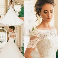 sheer bateau neck lace appliqued pearls vintage lace bridal gowns short sleeves wedding dresses vestido de novia robe de mariage