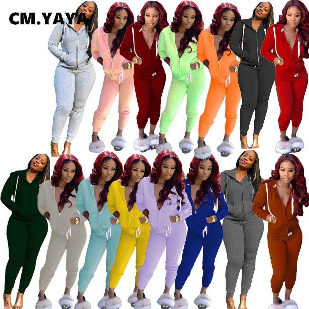 

Уличная одежда CM.YAYA, однотонный спортивный костюм, женский спортивный костюм, куртка с капюшоном и штаны, спортивный костюм для активного от...