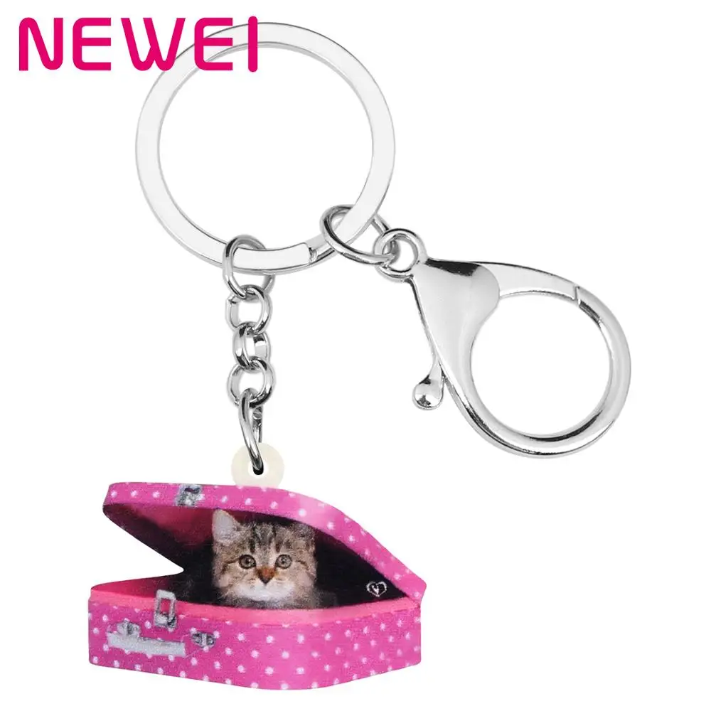 

NEWEI Acrylic Valentine's Day Box Cat Kitten Key Chains Ring Bag Car Purse Decoration Animal Keychains For Women Girl Teen Gift