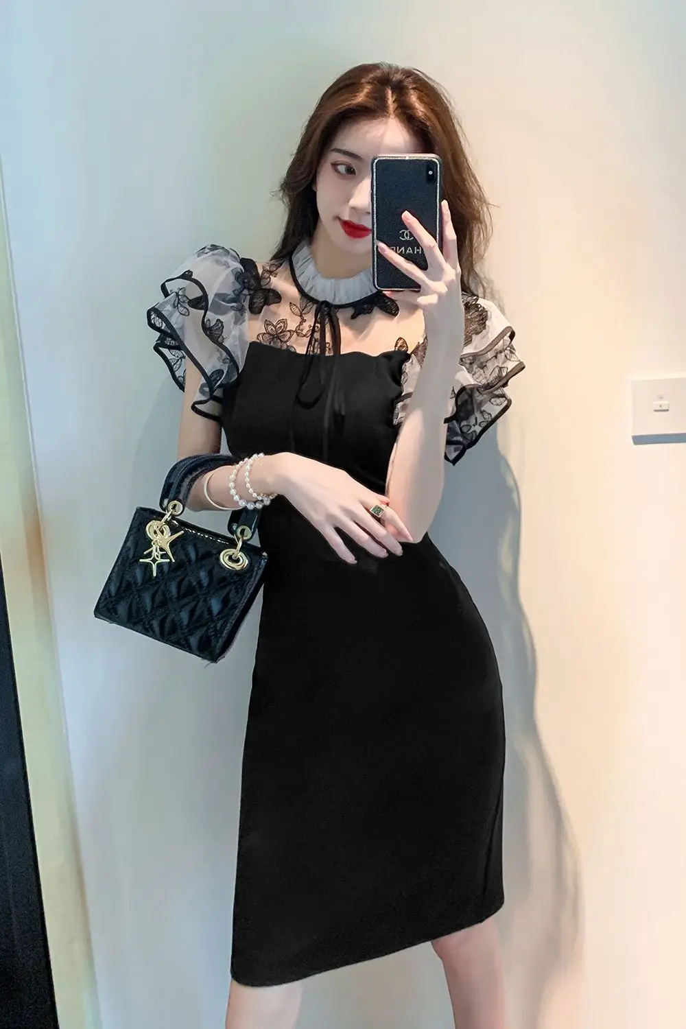 

COIGARSAM French Style Embroidery Women dress Mesh Dresses Black 3205