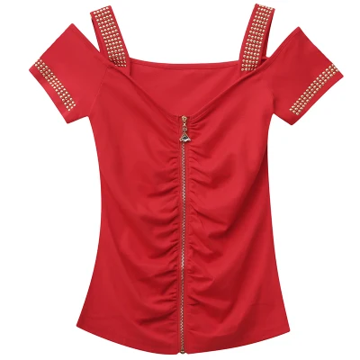 Сексуальное платье с открытыми плечами блестящие заклепки футболка