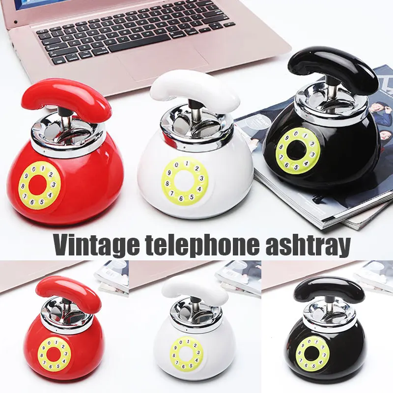 

Push Down Ashtray with Lid Decorative Rotary Ring Phone Shape Ceramic Cigarette Ashtray with Container for Home Office
