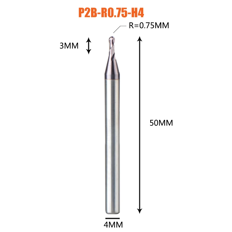 1PC-P2B-R0.75-H4 1 шт. торцевая фреза с шариковым концом 2 флейты R0.5-R6.0 фрезерный станок с ЧПУ для обработки металлических граней и пазов hrc50 концевые фрезы с покрытием - Длина режущей кромки: 1PC-P2B-R0.75-H4