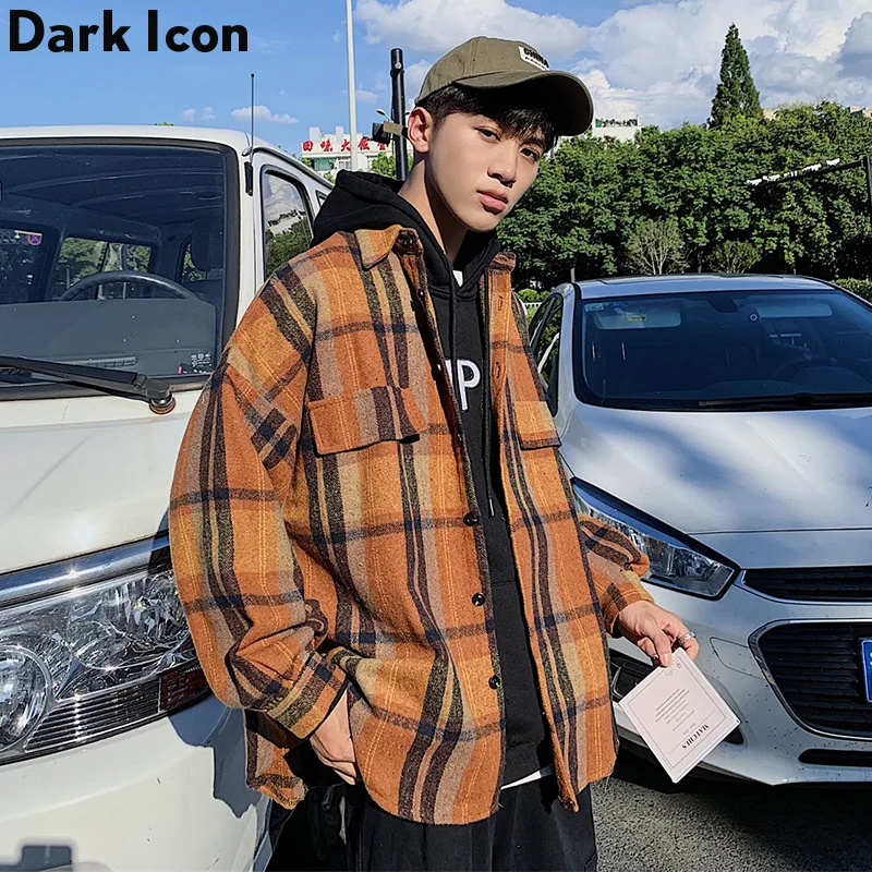 Темная икона клетчатая рубашка для мужчин латерн рукав хип-хоп негабаритные