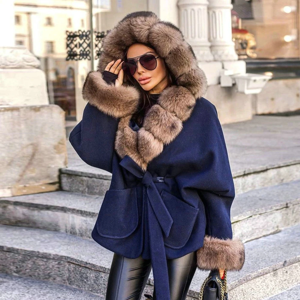 Mid-length Real Fox Fur Wool Blends Jacket with Hood Thick Warm Fur Overcoat Luxury Winter New Natural Fox Fur Cashmere Coats enlarge