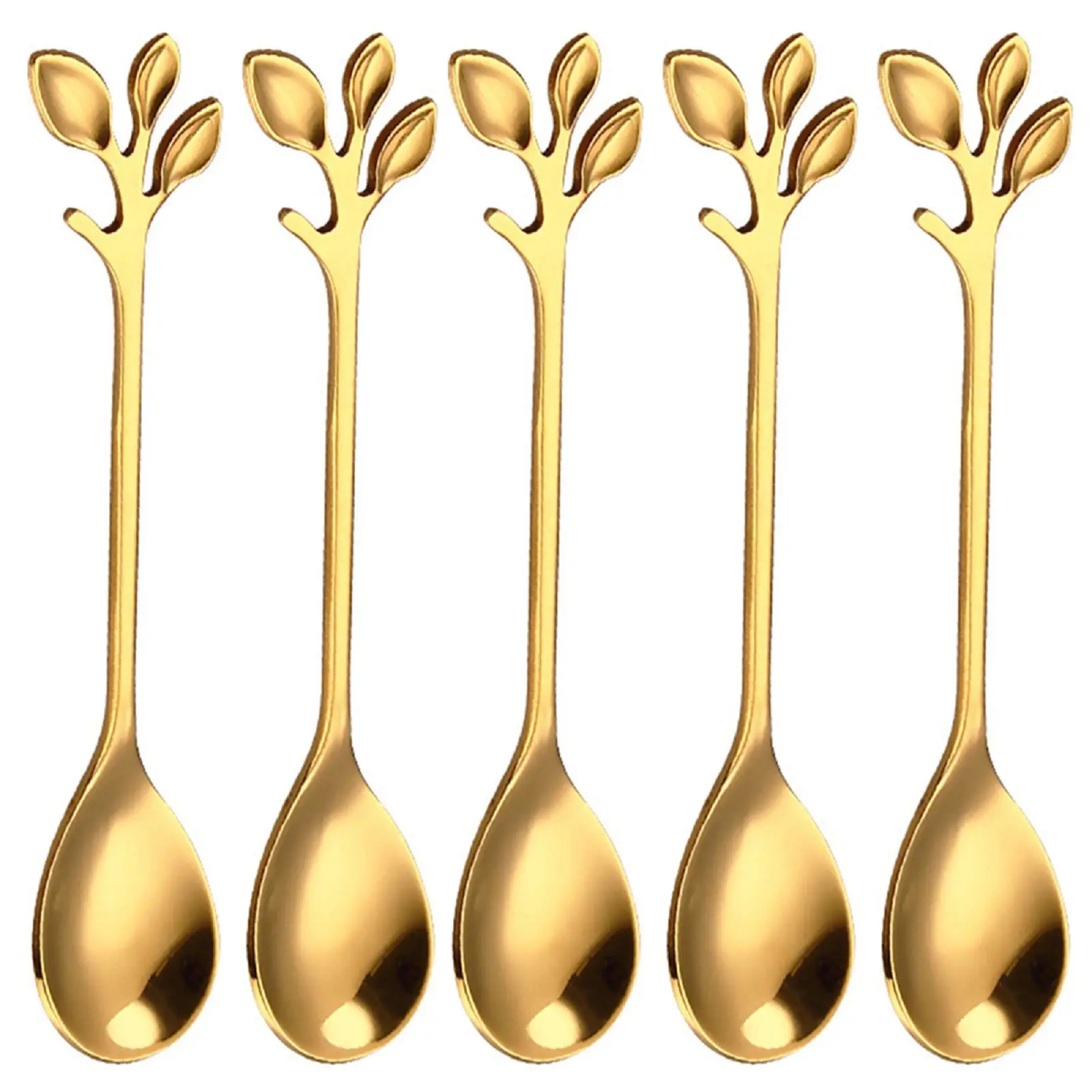 

5pcs Stainless Steel Spoon Leaf Shape Handle Dessert Coffee Tea Spoon Kitchen Accessories