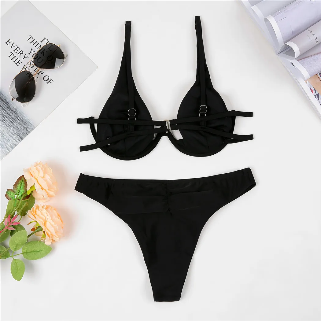 Женский купальник-бикини однотонный черный цвет в ассортименте 2021 | Женская