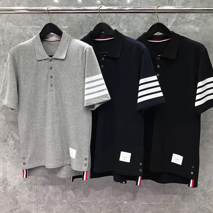 

TB Fashion 2023 THOM Brand Polo Shirts Men Casual Slim Striped Cotton Solid Polo Summer Short Sleeve High Quantity Polo Clothing