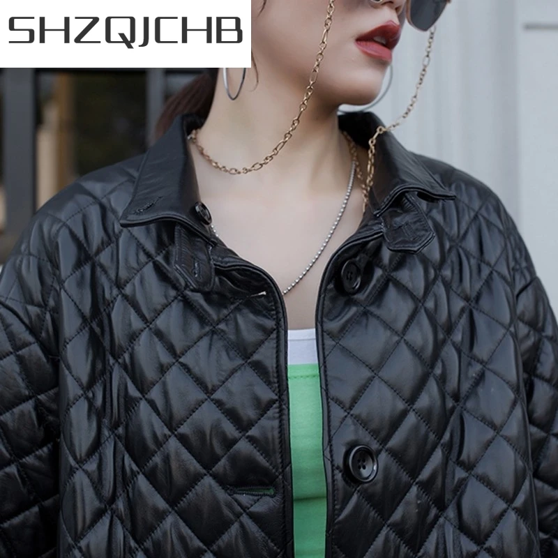 

JCHB 2021 Fashion Women Sheepskin Genuine Leather Jacket Single Breasted Warm Trench Coat Office Ladies Padded Windbreaker Long