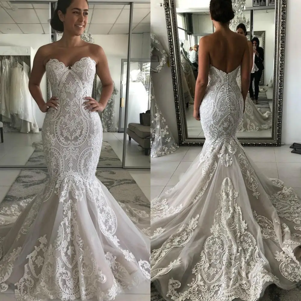 Роскошные свадебные платья с юбкой годе 2019 кружевные аппликации сердечком без