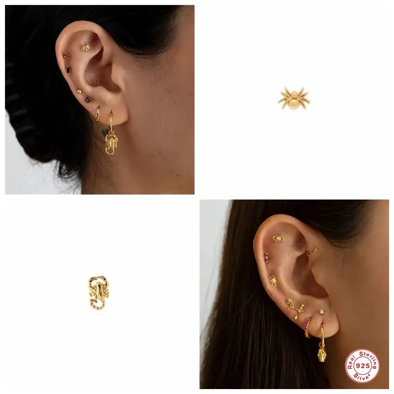 

MC 925 Sterling Silver Mini Stud Earrings Women Girls 2021Creative Spider/Scorpion Earrings Retro 18K Gold Piercing Jewelry Gift