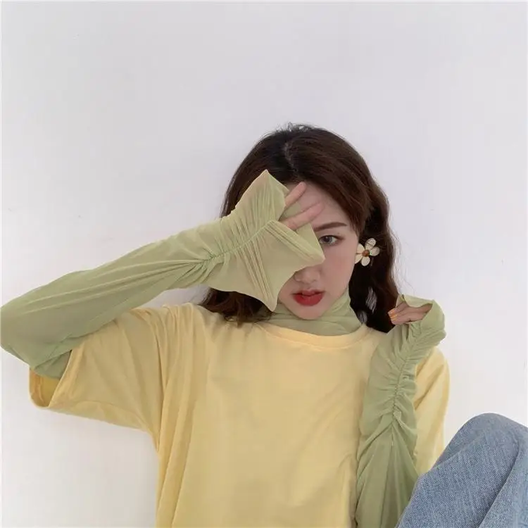 

Hyuna Sunscreen Fairy Mesh Base Top Hong Kong Wind Candy Color ins Tide Super Fire Tight Long Sleeve Thin T-shirt Women's Wear