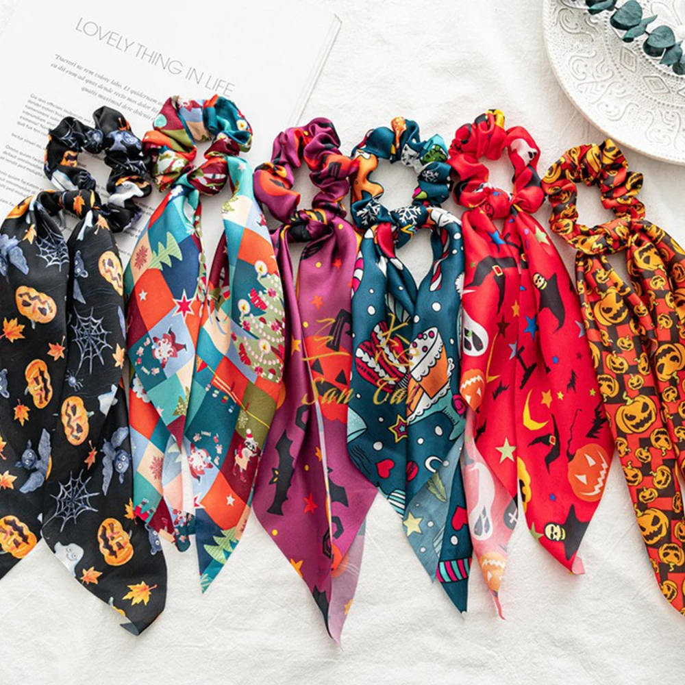 

20pcs/lot Festival Headband 2020 Women Printed Christmas/Halloween Ribbon Scrunchies Handmade Hair Accessories Hair bands