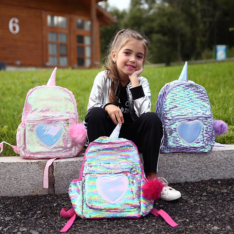 Sequins Unicorn School Bags for Girls Laser Pu  Heart Patch Kids Backpack  Bagpack  Women  Mini  Mochila Escolar Bookbag 13.4''