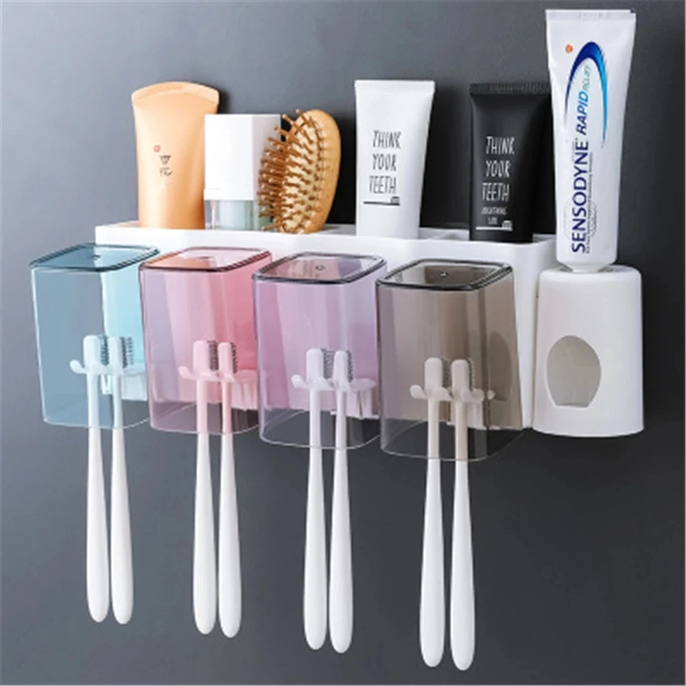 

Wall-Mounted Toothbrush Holder Set Toothpaste Dispenser Toothpaste Squeezer Bathroom Organizer Rack with Cups for Couples