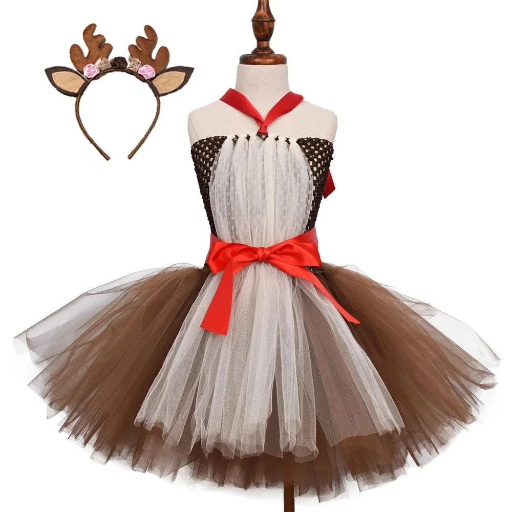 

Brown Deer Tutu Dress Girls Kid Christmas Reindeer Costume Birthday Halloween Purim Elk Cosplay Clothes Outfits Children Gifts