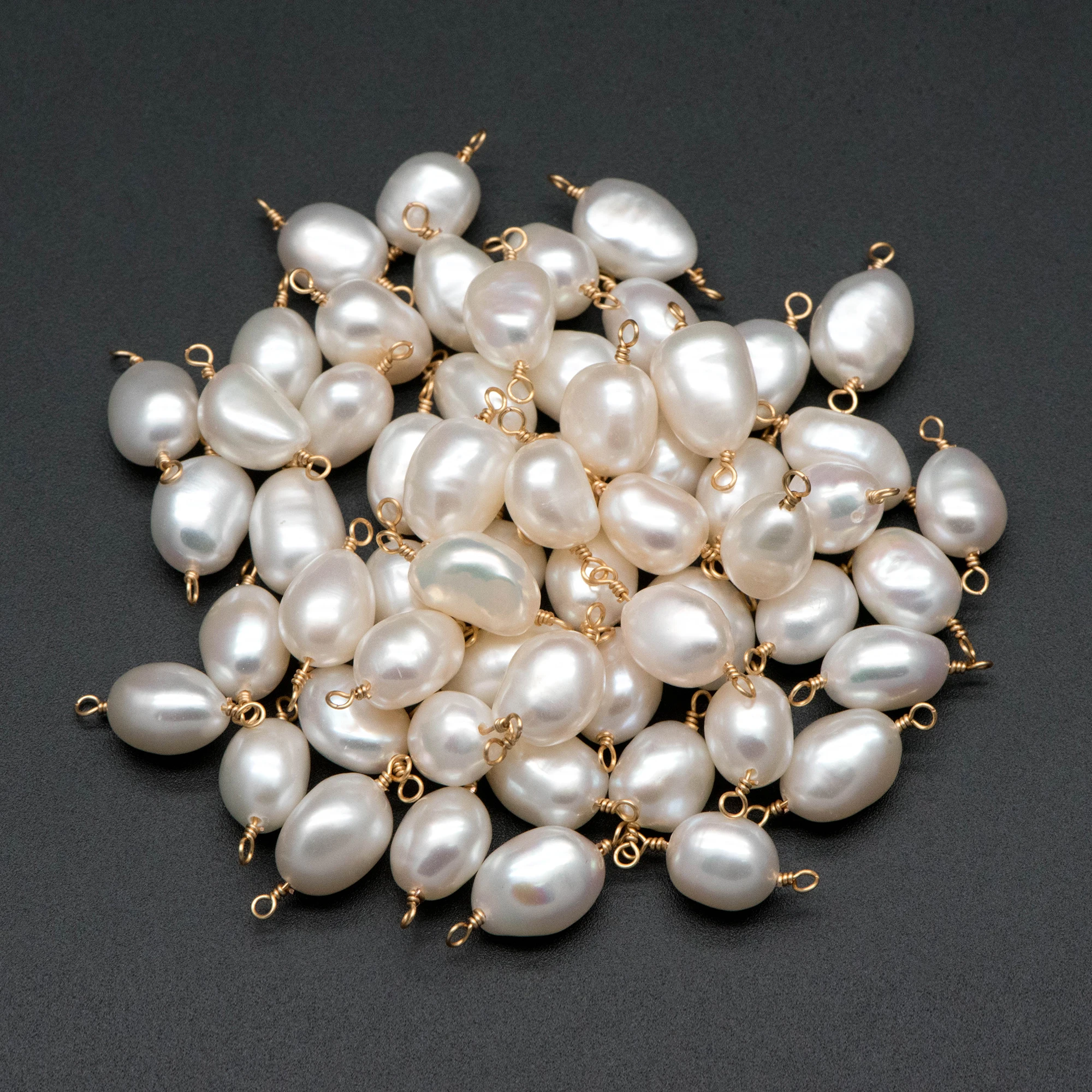

20pcs Natural Freshwater Pearl Connectors, Genuine Oval Pearl Charm Pendants, Pearl 8-9mm Thick, Gold Wired Pearl Supply (PL-65)