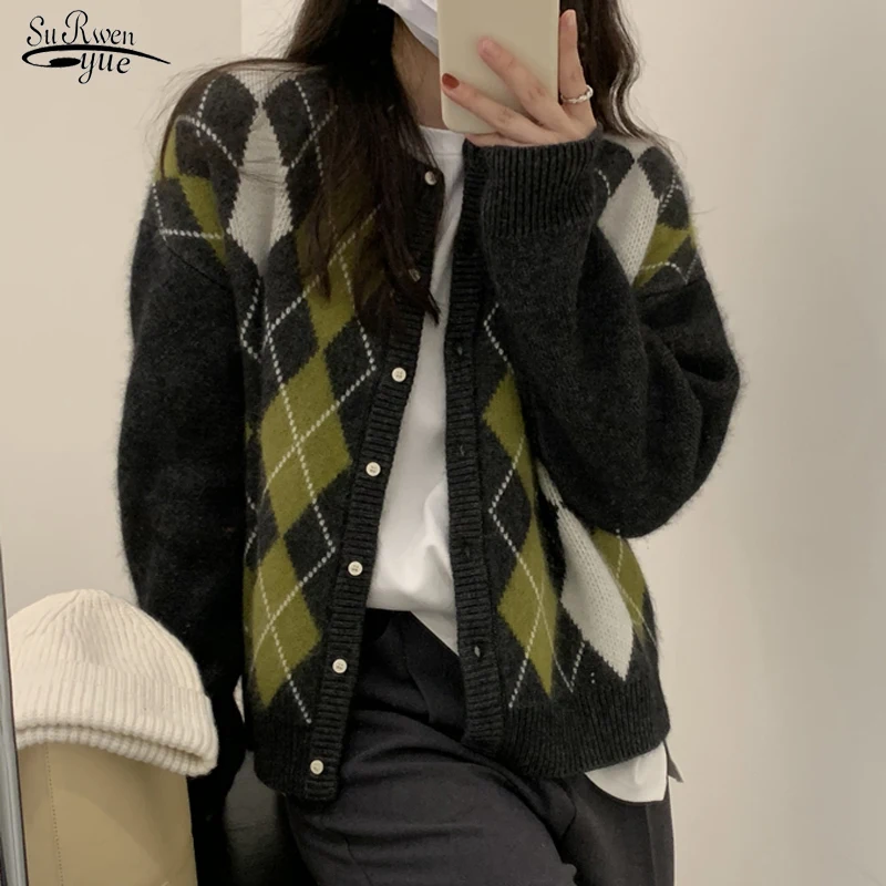 

Colleage Wind Shirt Check Long Sleeve Single Breasted Plaid Loose Knit Cardigan Tide Ladies Autumn New 2021 Sweater Coat 17777