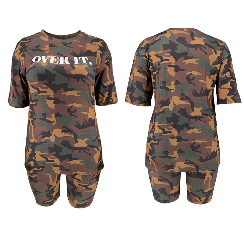 

Plus Size Women Clothing Two Piece Set Shorts Set Sexy Short Sets Summer Camouflage Women Shorts and Top Outfit Large Size 2021