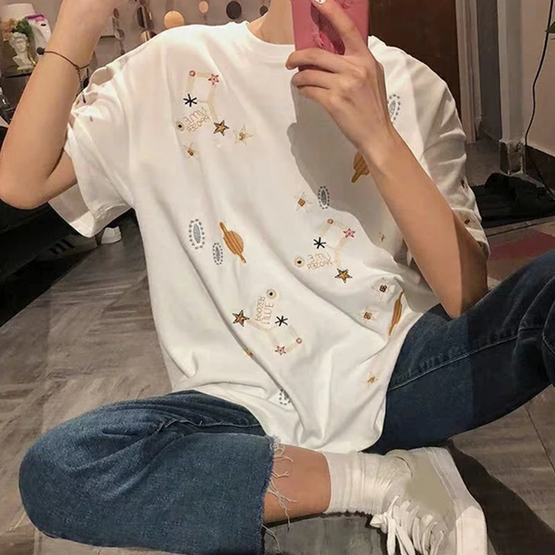 Летние футболки с вышивкой для женщин модные черно белые свободные женские