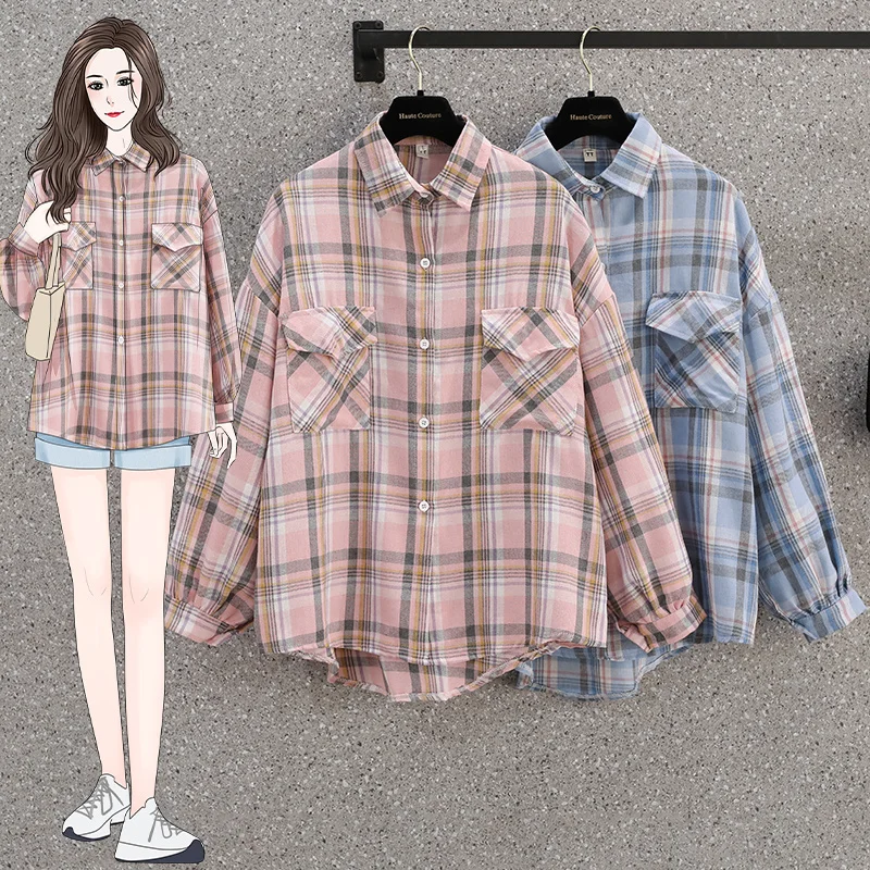 

Реальное фото осенней одежды, новинка, клетчатая рубашка в гонконгском стиле с длинным рукавом, большие размеры