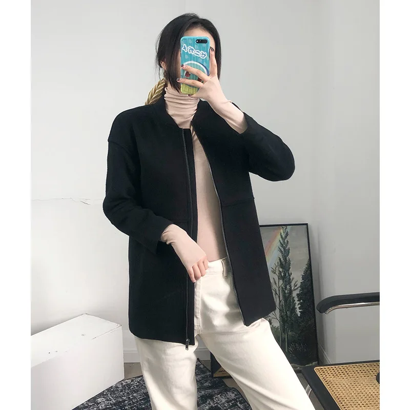 

Women Black Jacket Loose Zipper O-neck Simple Long Sleeve Coat with Pockets 2020 Autumn and Winter New