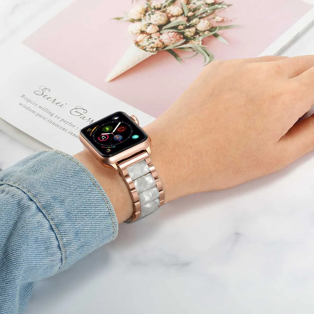 Для женщин Смола+ Нержавеющая сталь ремешок для наручных часов Apple Watch, версии наручных часов iWatch, 5, 4, 3, 2, 1, 44/40/42/38 мм браслет на запястье с металлическим браслетом, женский браслет