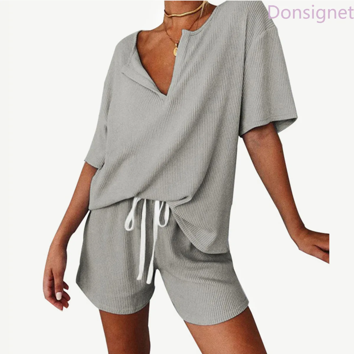 

Женский костюм, модный широкий спортивный костюм из двух предметов, пуловер с V-образным вырезом, однотонная серия Donsignet, на лето