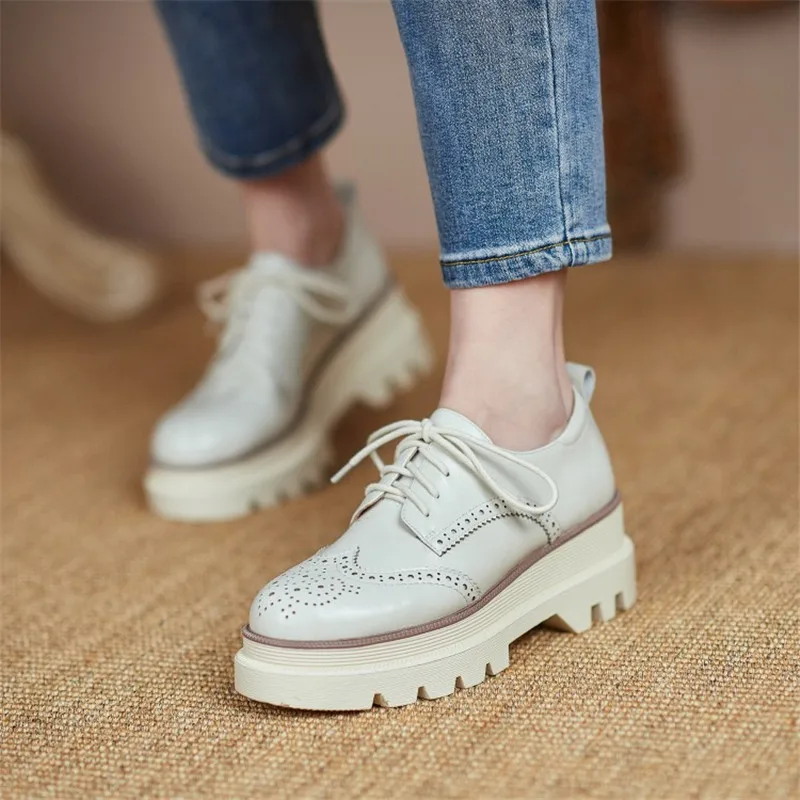 

Women's Leather Shoes 2021 Spring Women Pumps Round Toe Lace-Up Chunky Heel All-match Solid Color Hollow Carved Platform Shoes